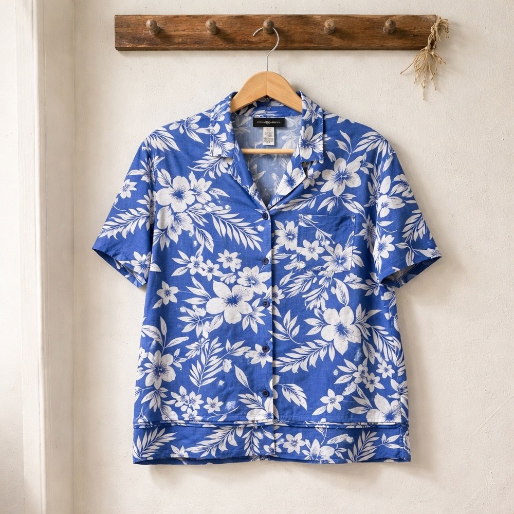 Sag Harbor Floral Button Down Shirt Womens 14 Blue White Tropical 533563